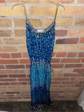 Seven Islands Gold and Blue Bohemian Coastal Whimsigoth Maxi Dress